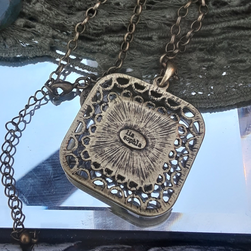 Lia Sophia 17” Necklace Faceted Pendant & Rhinestones in Antique Brass - Picture 3 of 8